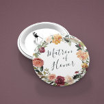Rustic Bloom Matron of Honour 6 Cm Round Badge<br><div class="desc">Identify the key players at your bridal shower or rehearsal dinner with our elegant,  sweetly chic floral buttons. Button features a watercolor floral wreath of roses,  peonies and mums in rich autumn hues,  with "matron of honour" inscribed inside in hand lettered script. Designed to match our Rustic Bloom collection.</div>