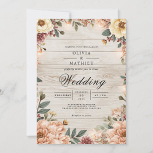 Rustic Bloom Woodgrain Romance Wedding Invitation
