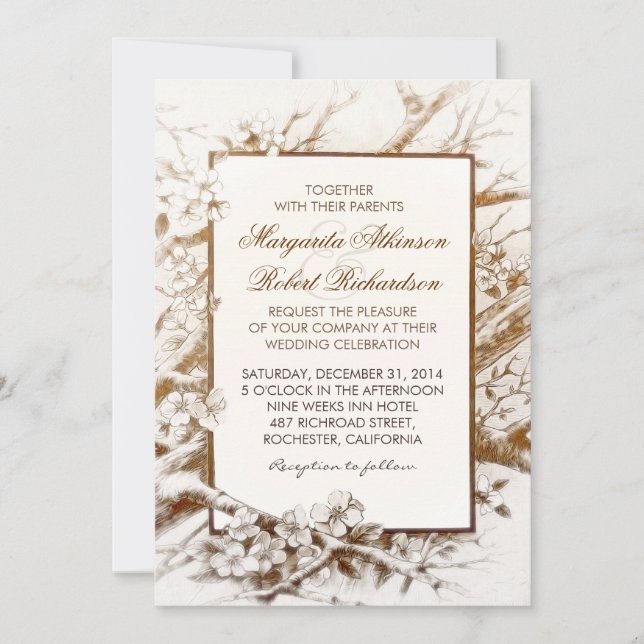 rustic blooming branches white wedding invitations (Front)