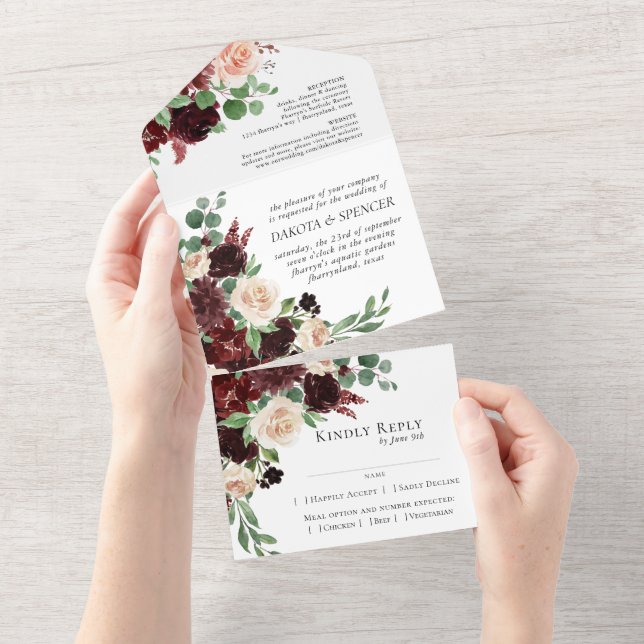 Rustic Blooms | Terracotta and Marsala Red Entree All In One Invitation (Tearaway)