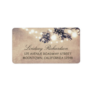 rustic blue address label with string lights