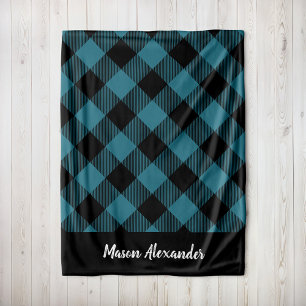 Rustic Blue and Black Buffalo Check Monogram Fleece Blanket