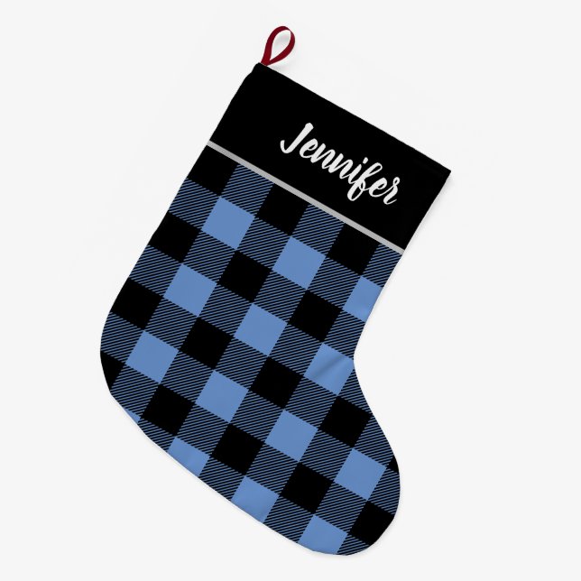 Rustic Blue and Black Buffalo Check Monogram Large Christmas Stocking (Front (Hanging))