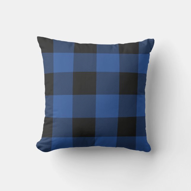 Rustic Blue and Black Buffalo Check Plaid Outdoor Cushion (Front)