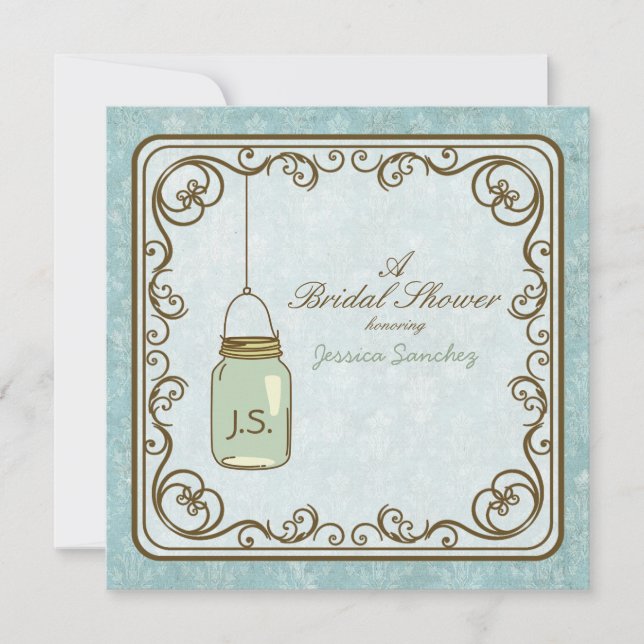 Rustic Blue and Brown Mason Jar Bridal Shower Invitation (Front)