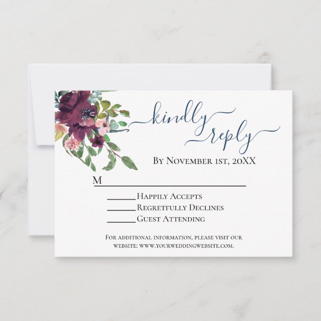 Rustic Blue and Burgundy Floral Wedding RSVP card (Front)