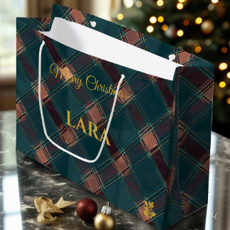 Rustic Blue and Copper Plaid Christmas Custom Large Gift Bag