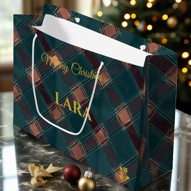 Rustic Blue and Copper Plaid Christmas Custom Large Gift Bag (Creator Uploaded)