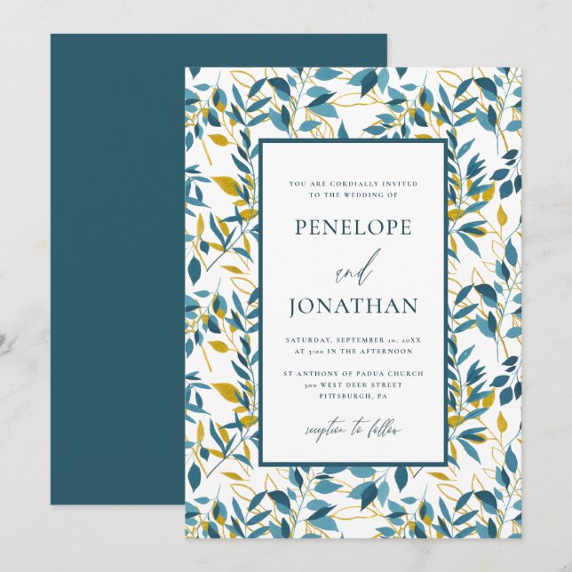 Rustic Blue and Gold Botanical Wedding Photo Invitation (Front/Back)