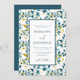 Rustic Blue and Gold Botanical Wedding Photo Invitation