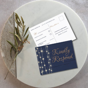 Rustic Blue and Gold Wedding RSVP Invitation Postcard