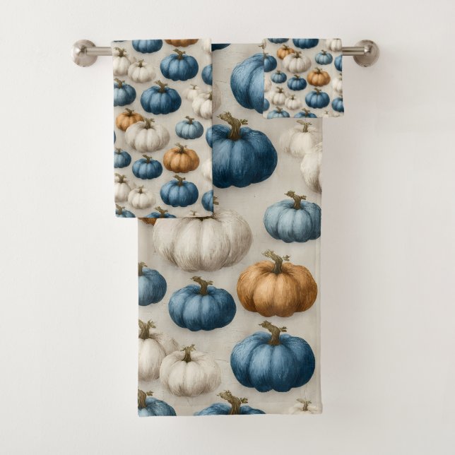 Rustic Blue and Neutral Pumpkins Bath Towel Set (Insitu)