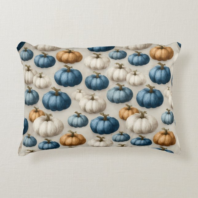 Rustic Blue and Neutral Pumpkins Decorative Cushion (Front)