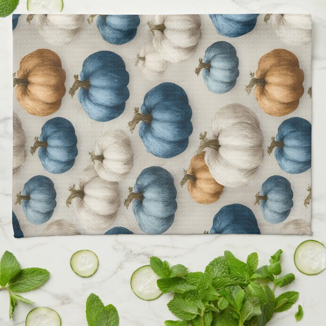 Rustic Blue and Neutral Pumpkins Tea Towel (Folded)