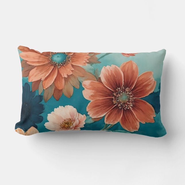 Rustic Blue and Rust Boho floral Lumbar Cushion (Front)