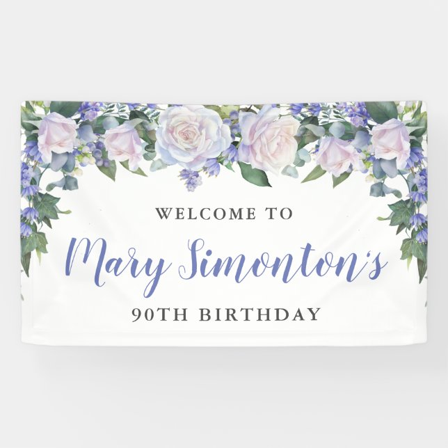 Rustic Blue and White Floral 90th Birthday Banner (Horizontal)
