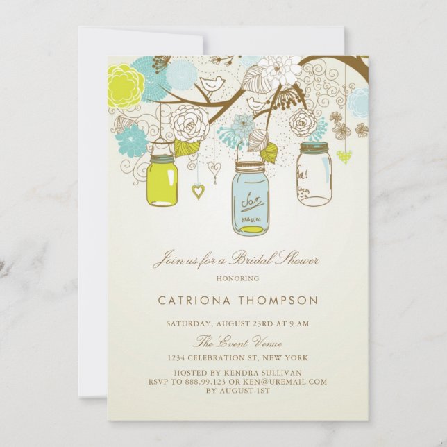 Rustic Blue and Yellow Mason Jars Bridal Shower Invitation (Front)