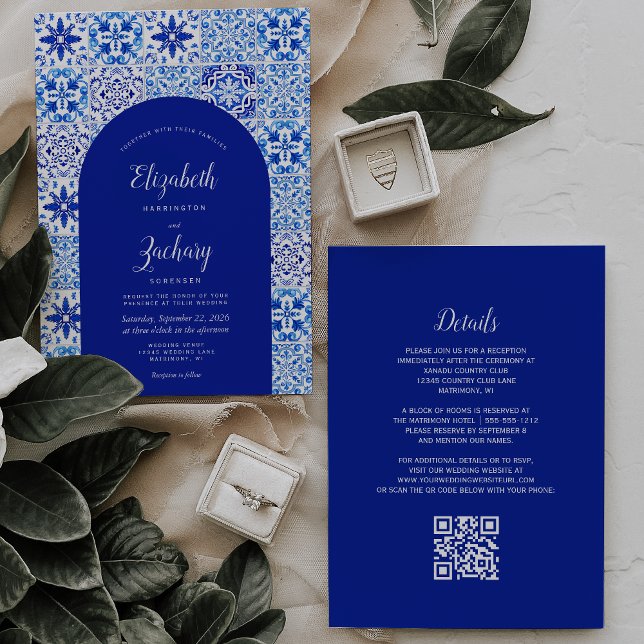 Rustic Blue Arch Portuguese Tile QR Code Wedding Invitation (Creator Uploaded)