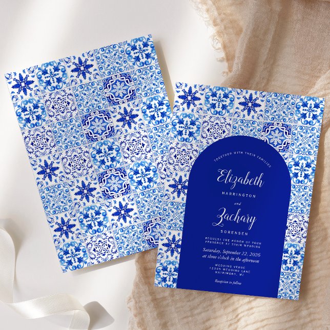 Rustic Blue Arch Portuguese Tile Wedding Invitation (Creator Uploaded)
