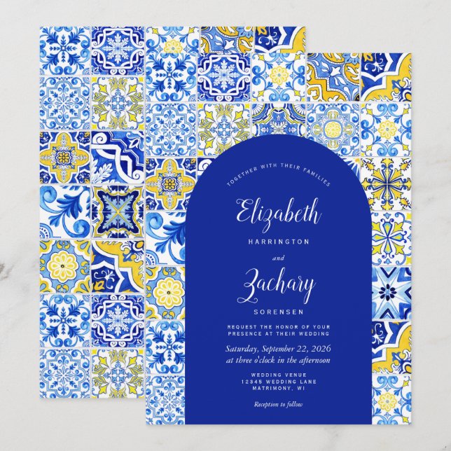 Rustic Blue Arch Yellow Portuguese Tile Wedding Invitation (Front/Back)
