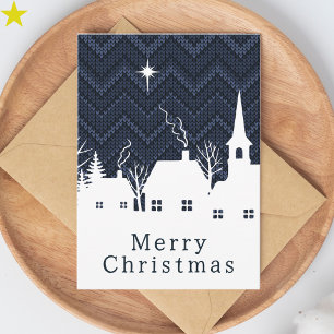 Rustic Blue Argyle Knit Christmas Village Card