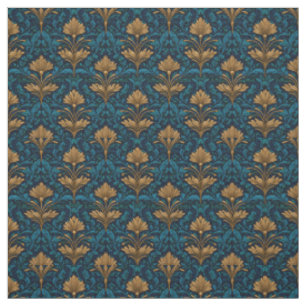 Rustic Blue Art Nouveau Bold Vintage Gold Floral Fabric