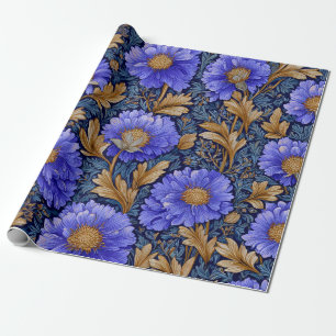Rustic Blue Art Nouveau  Bold Vintage Gold Floral Wrapping Paper