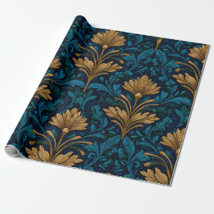 Rustic Blue Art Nouveau Bold Vintage Gold Floral Wrapping Paper