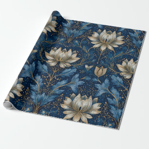 Rustic Blue Art Nouveau  Bold Vintage Gold Floral Wrapping Paper