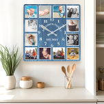 Rustic Blue Barn Wood Farmhouse 12 Photo Collage Square Wall Clock<br><div class="desc">Rustic Blue Barn Wood Farmhouse 12 Photo Collage Square Wall Clock. Large beautiful rustic white barn vintage wood personalised family name year established wall decor clock. The perfect country wooden plank look for any home or kitchen.</div>