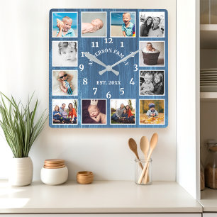 Rustic Blue Barn Wood Farmhouse 12 Photo Collage Square Wall Clock