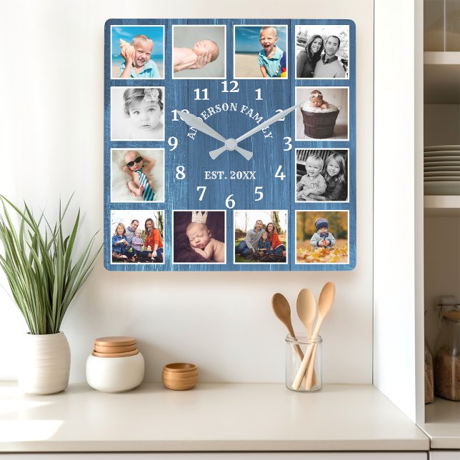 Rustic Blue Barn Wood Farmhouse 12 Photo Collage Square Wall Clock (Creator Uploaded)