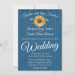 Rustic Blue Barn Wood, Golden Sunflower wedding Invitation