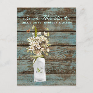 rustic blue barn wood wildflower country wedding announcement postcard