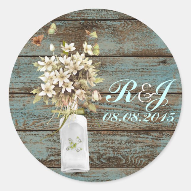 rustic blue barn wood wildflower country wedding classic round sticker (Front)