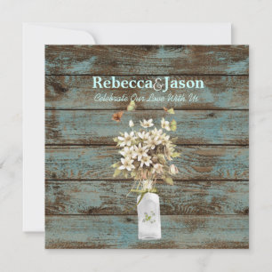 rustic blue barn wood wildflower country wedding invitation
