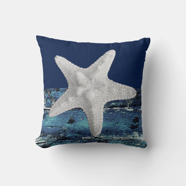 Rustic Blue Beach Starfish Nautical Throw Pillow (Front)