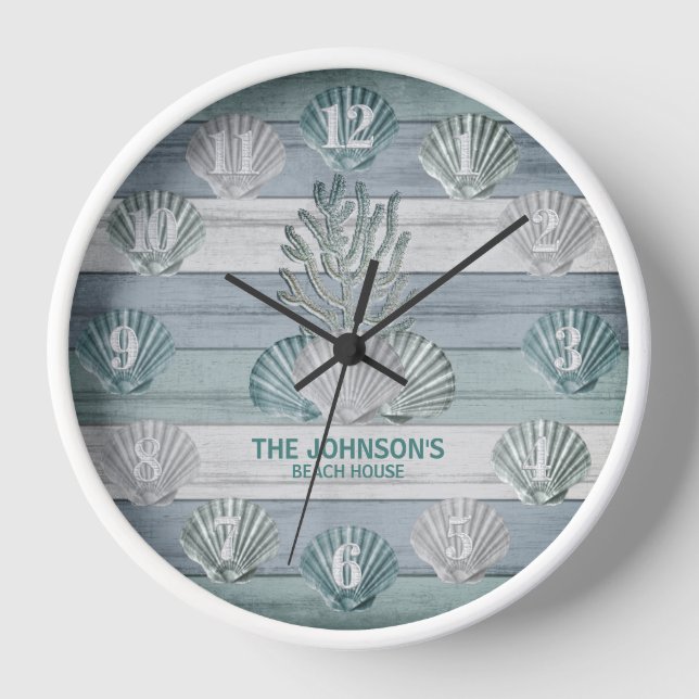 Rustic Blue Beach Wood with Seashells  Clock (Front)