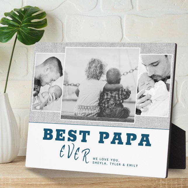 Rustic Blue Best Papa Father`s Day 3 Photo Collage Plaque (Creator Uploaded)