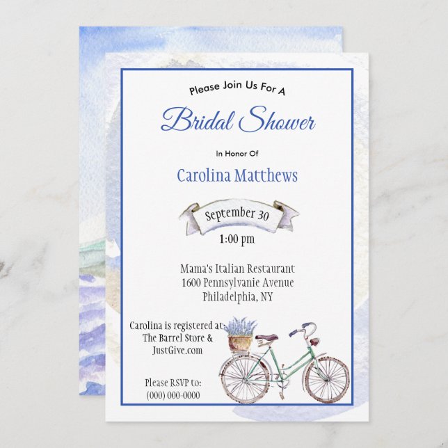 Rustic Blue Bicycle Lavender Floral Bridal Shower Invitation (Front/Back)