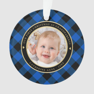 Rustic Blue Black Plaid First Grandparents Photo Ornament