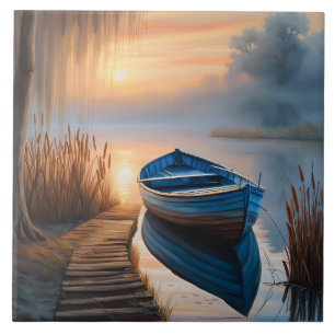 Rustic Blue Boat at Sunrise Ceramic Tile