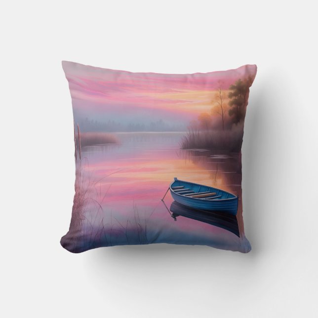 Rustic blue boat pink skies reflection cushion (Front)