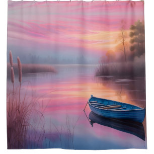 Rustic blue boat pink skies reflection shower curtain