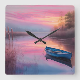Rustic blue boat pink skies reflection square wall clock