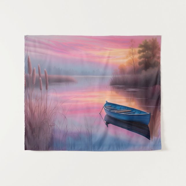 Rustic blue boat pink skies reflection tapestry (Front (Horizontal))