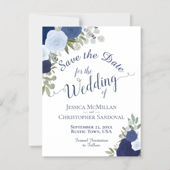 Rustic Blue Boho Floral Wedding Save the Date Magnetic Invitation (Front)