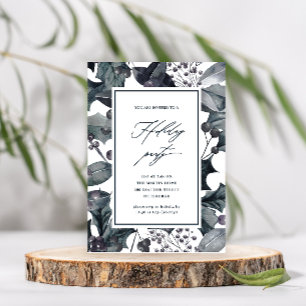 Rustic Blue Botanical Calligraphy Holiday Party Invitation