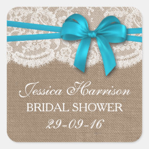 Rustic Blue Bow, Burlap & Lace Bridal Shower Square Sticker