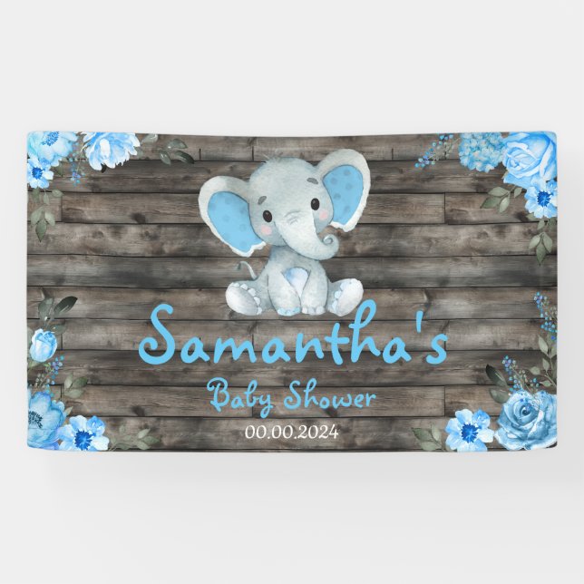 Rustic Blue Boy Elephant Backdrop Baby Shower Banner (Horizontal)